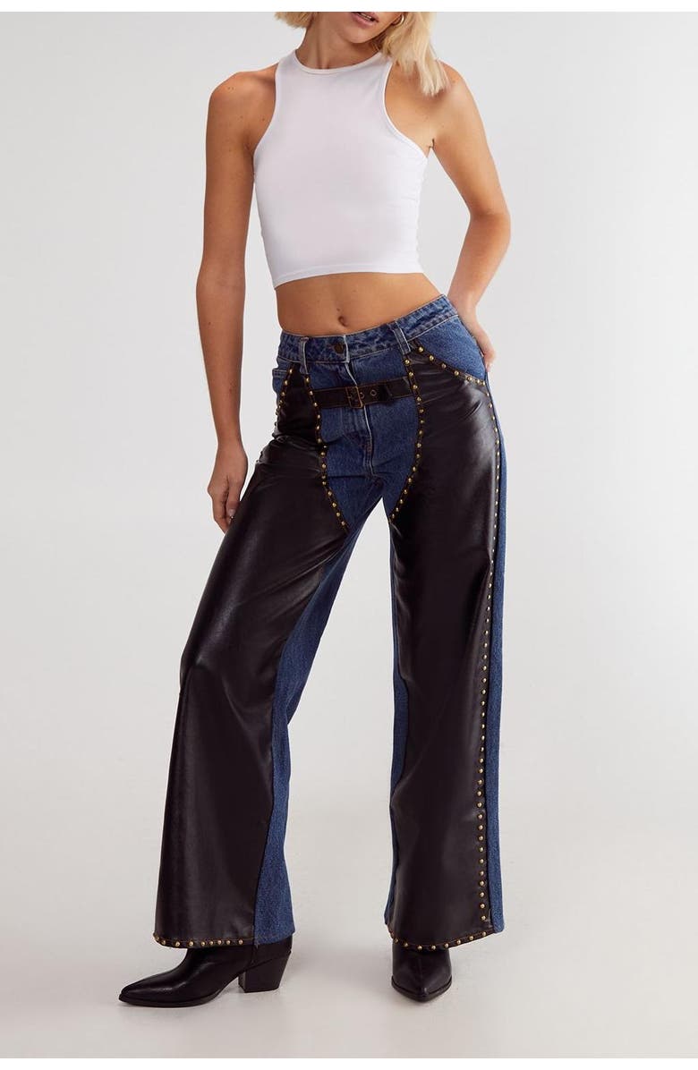 NASTY GAL Straight Leg Denim Pu Mix Chap Jeans, Alternate, color, Dark Wash