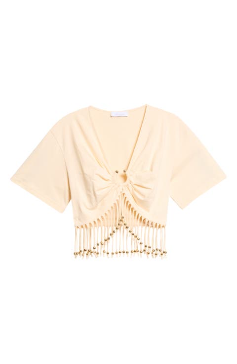 Pierced Fringe Crop Cotton T-Shirt