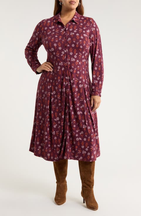 Coastline Print Long Sleeve Organic Cotton Blend Shirtdress
