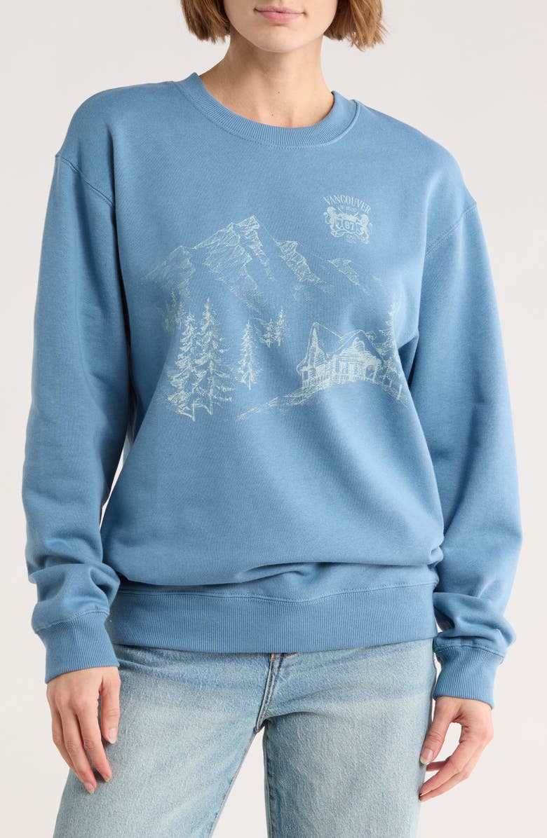 Hi Res Vancouver Mountain Scene Graphic Sweatshirt, Main, color, Provincial Blue