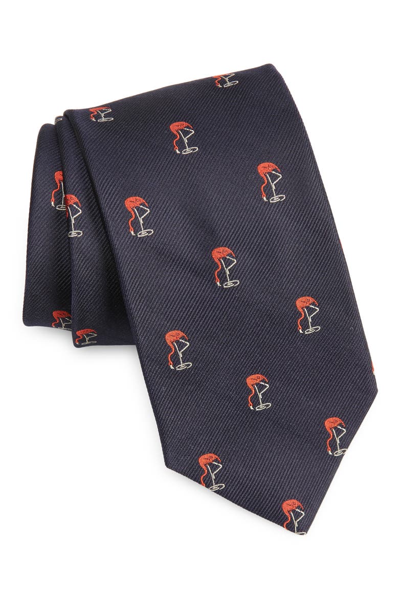 Flamingo Print Silk Tie, Main, color, NAVY