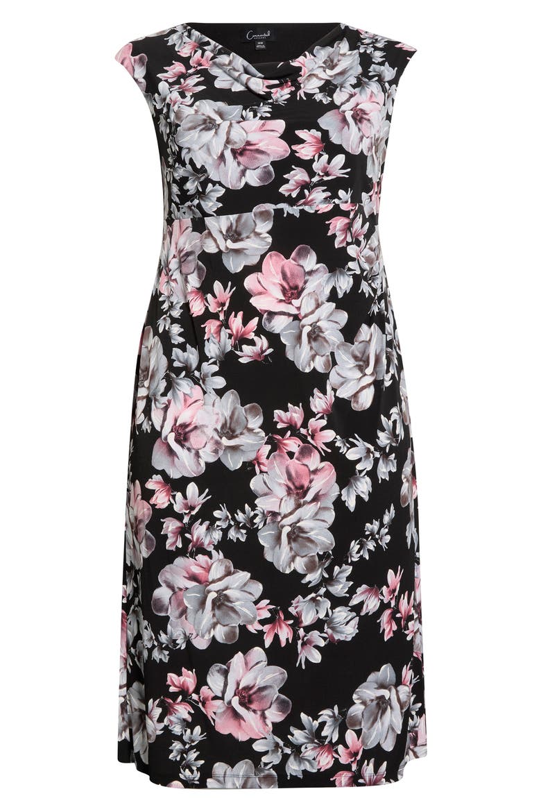 Floral Cowl Neck Cap Sleeve Midi Dress, Alternate, color, BLACK