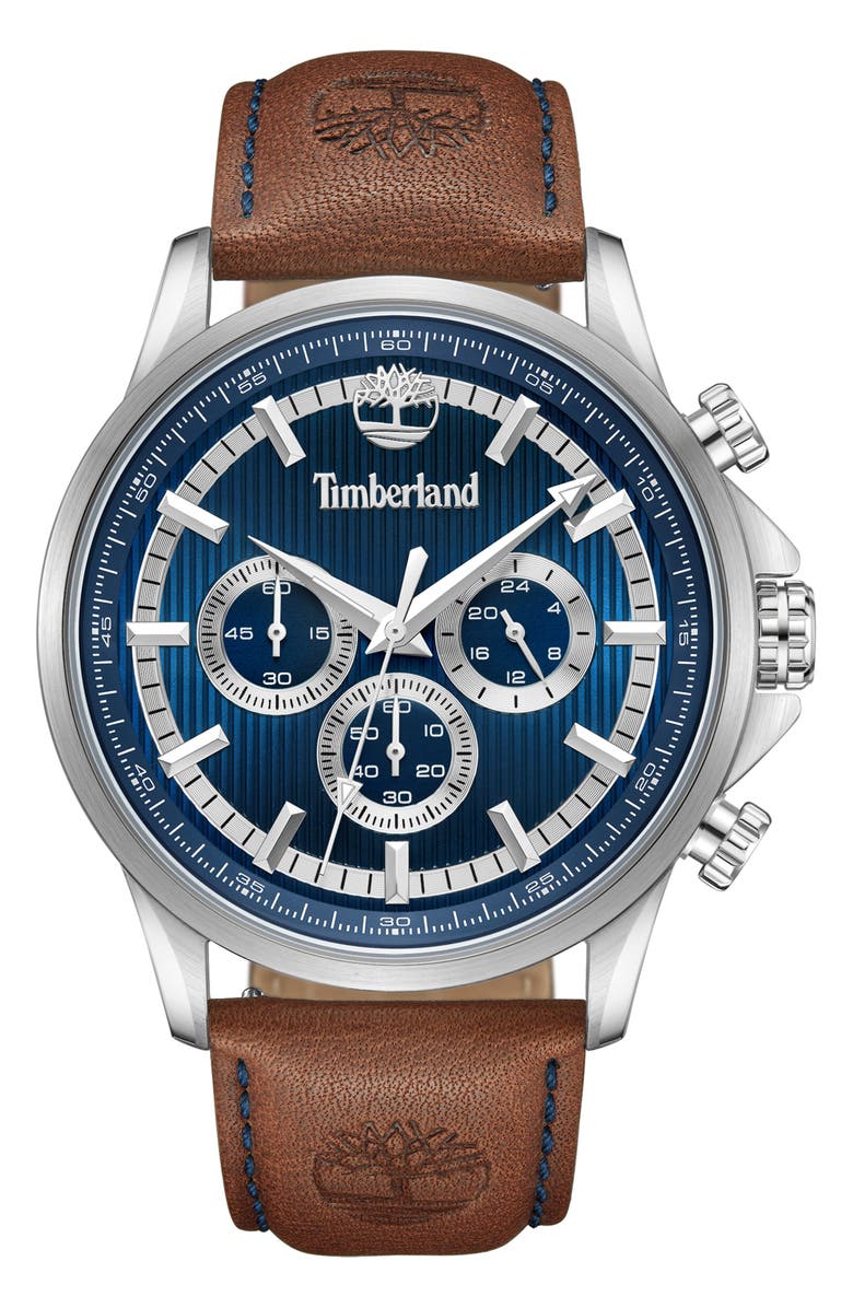 Timberland Bernardston Multifunction Chronograph Leather Strap Watch, 45mm, Main, color,
