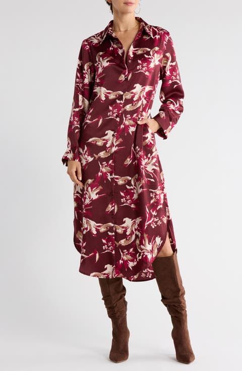 Long Sleeve Textured Satin Shirtdress