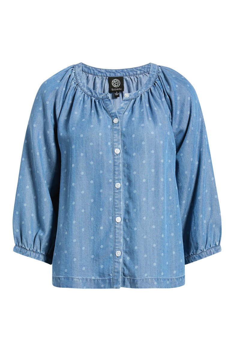 Smocked Neck Button-Up Top, Main, color, DENIM/ WHITE DOT