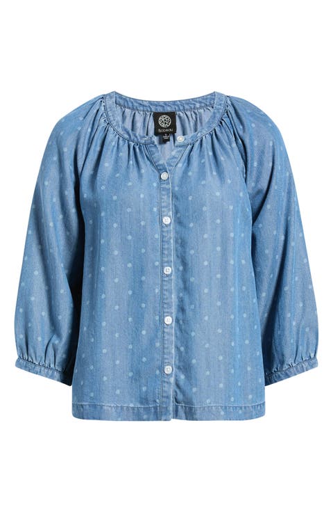 Smocked Neck Button-Up Top