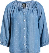 Bobeau Smocked Neck Button-Up Top