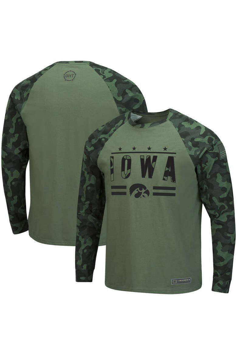 Men's Colosseum Olive/Camo Iowa Hawkeyes OHT Military Appreciation Slim-Fit Raglan Long Sleeve T-Shirt, Main, color, Olive