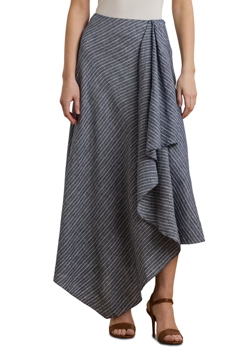 Lauren Ralph Lauren Stripe Handkerchief Hem A-Line Linen Skirt, Main, color, Blue/ White