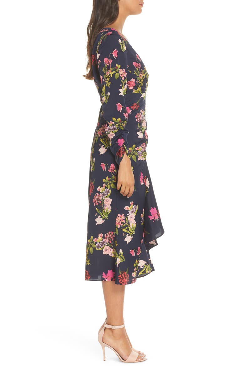 Floral Ruched Midi Dress, Alternate, color, NAVY