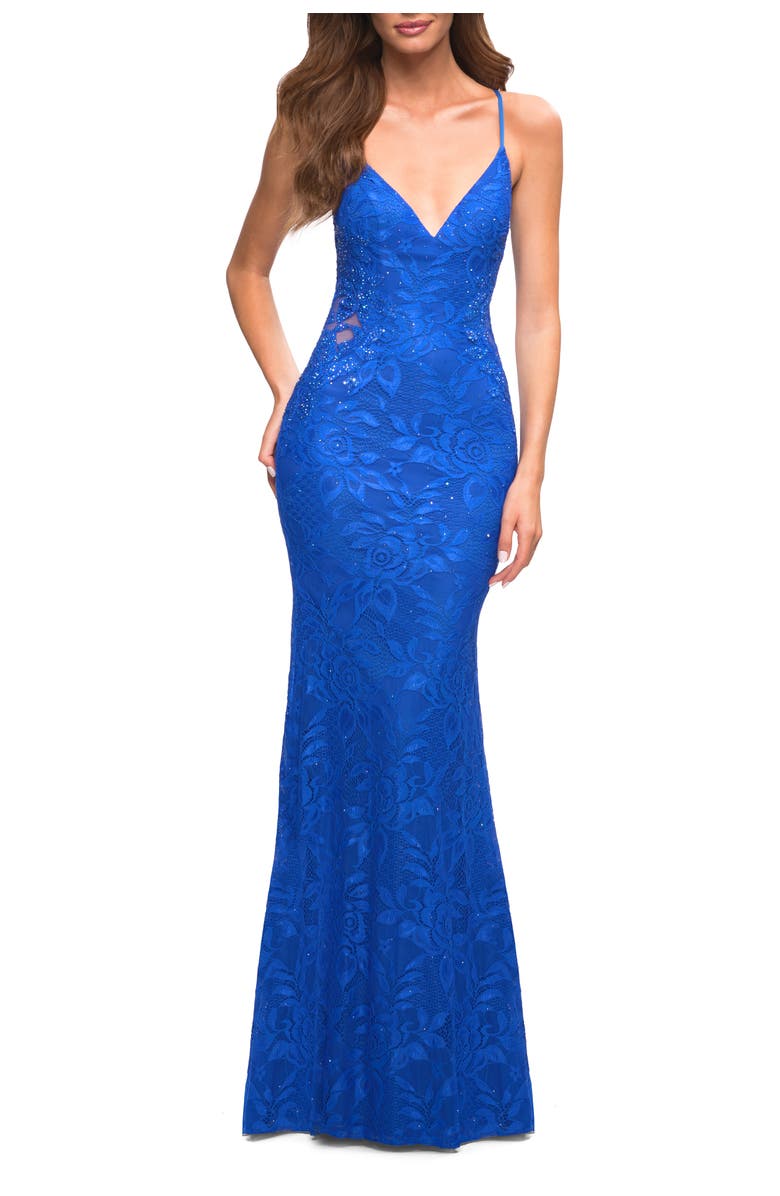 La Femme Lace Prom Dress with Illusion Embellished Sides, Main, color, Royal Blue