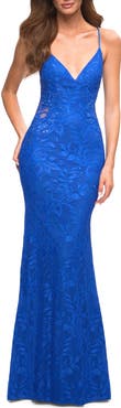 La Femme Lace Prom Dress with Illusion Embellished Sides