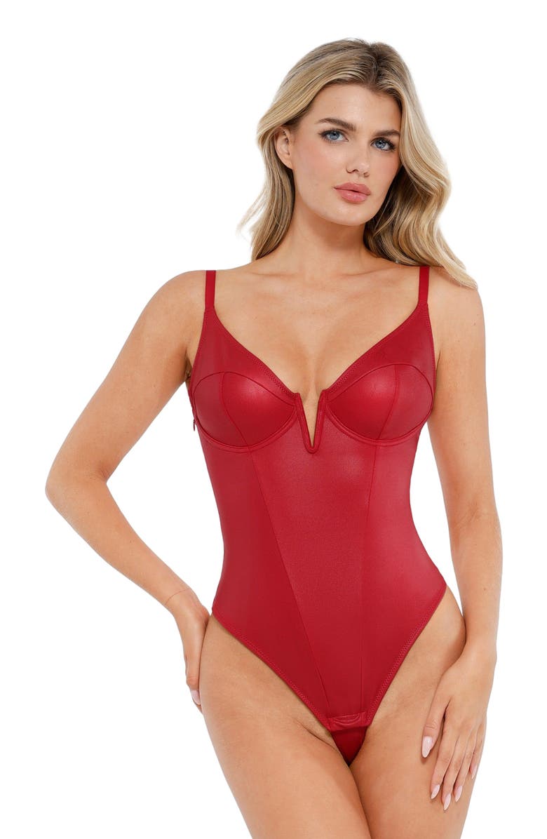 Popilush Shapewear Faux Leather Plunging V Sculpting Corset Bodysuit, Main, color, Brick