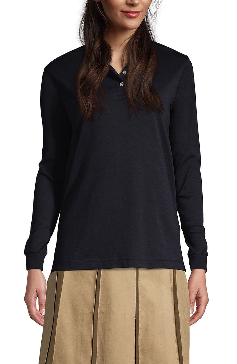 Lands' End School Uniform Long Sleeve Interlock Polo Shirt, Main, color, Black