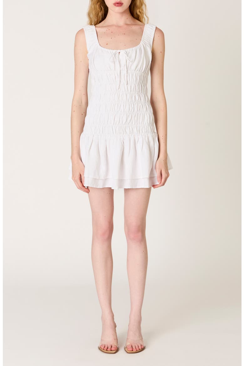 Lirio Smock Bodice Linen Blend Minidress, Main, color, WHITE