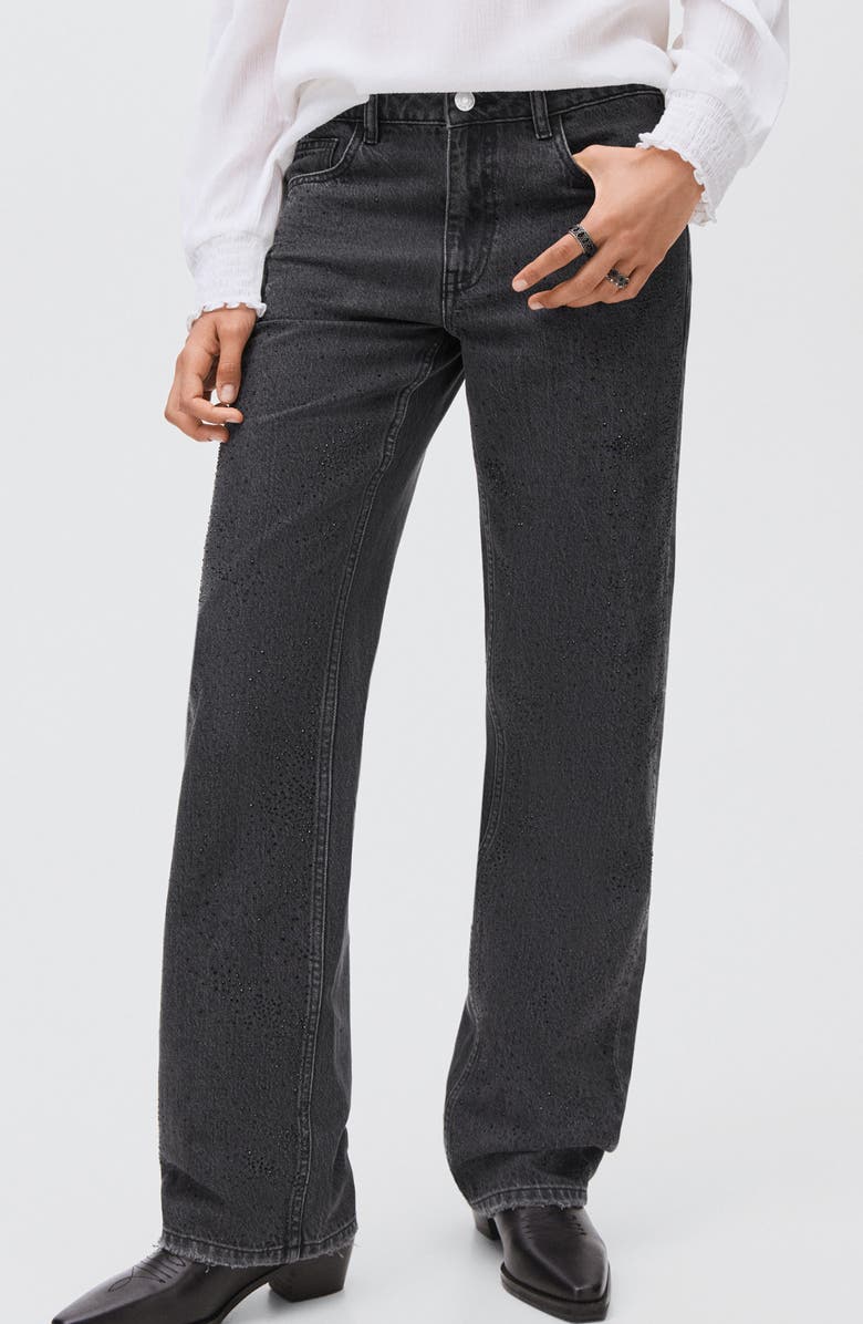 MANGO TEEN Rhinestone Straight Leg Jeans, Main, color, Black Denim