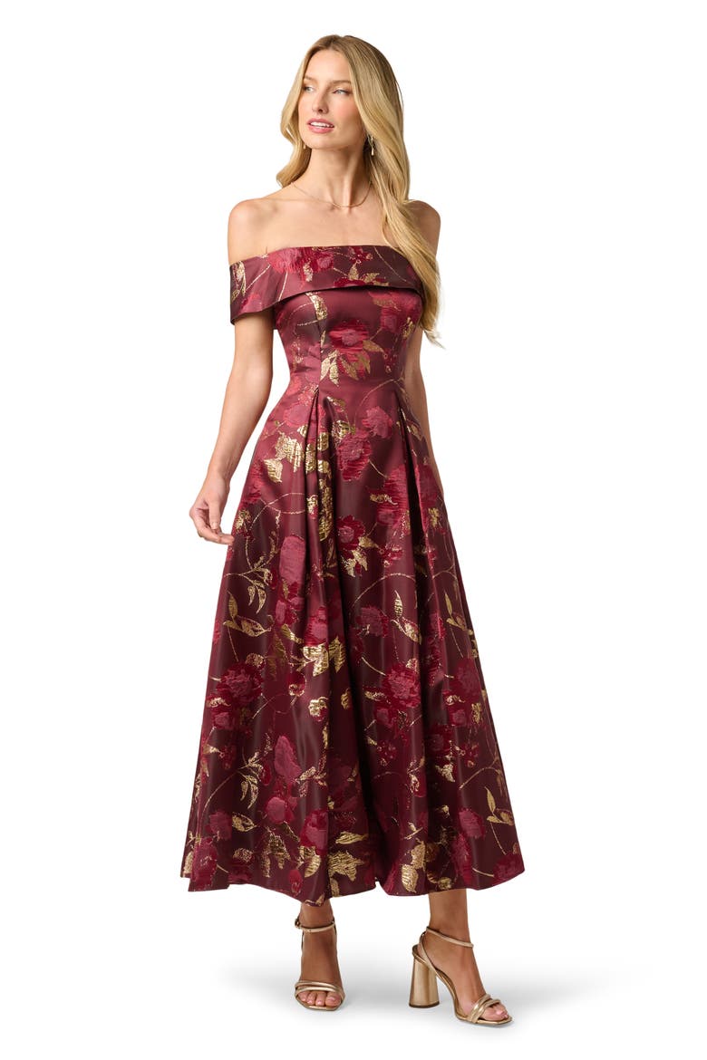 Off the Shoulder Fit & Flare Cocktail Dress, Alternate, color, BURGUNDY/ GOLD