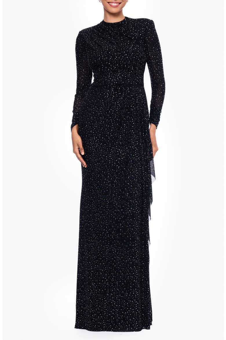 Rhinestone Long Sleeve Stretch Gown, Main, color, BLACK/SILVER