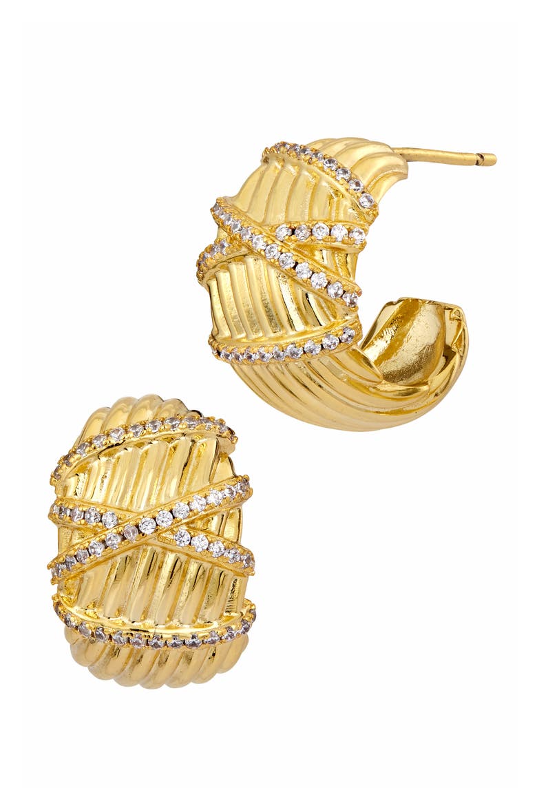 Cubic Zirconia Ribbed Chunky Hoop Earrings, Main, color, GOLD