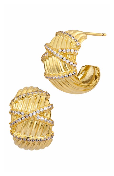 Cubic Zirconia Ribbed Chunky Hoop Earrings