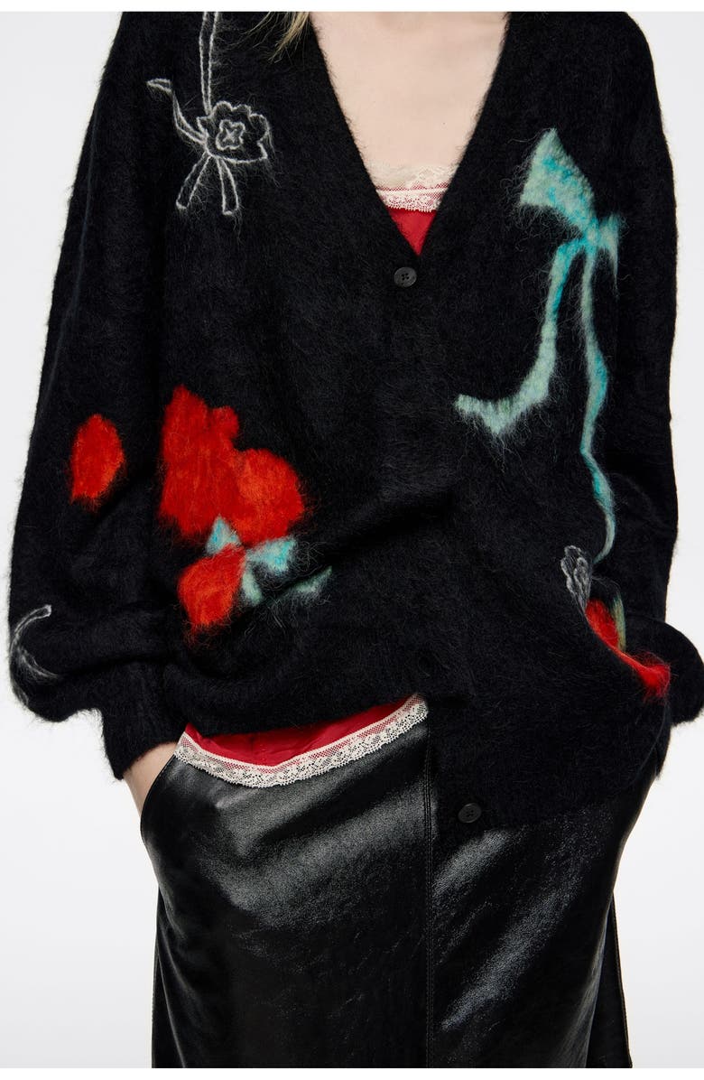 Bimba y Lola Long Cardigan With Multicolored Bows, Alternate, color, Black