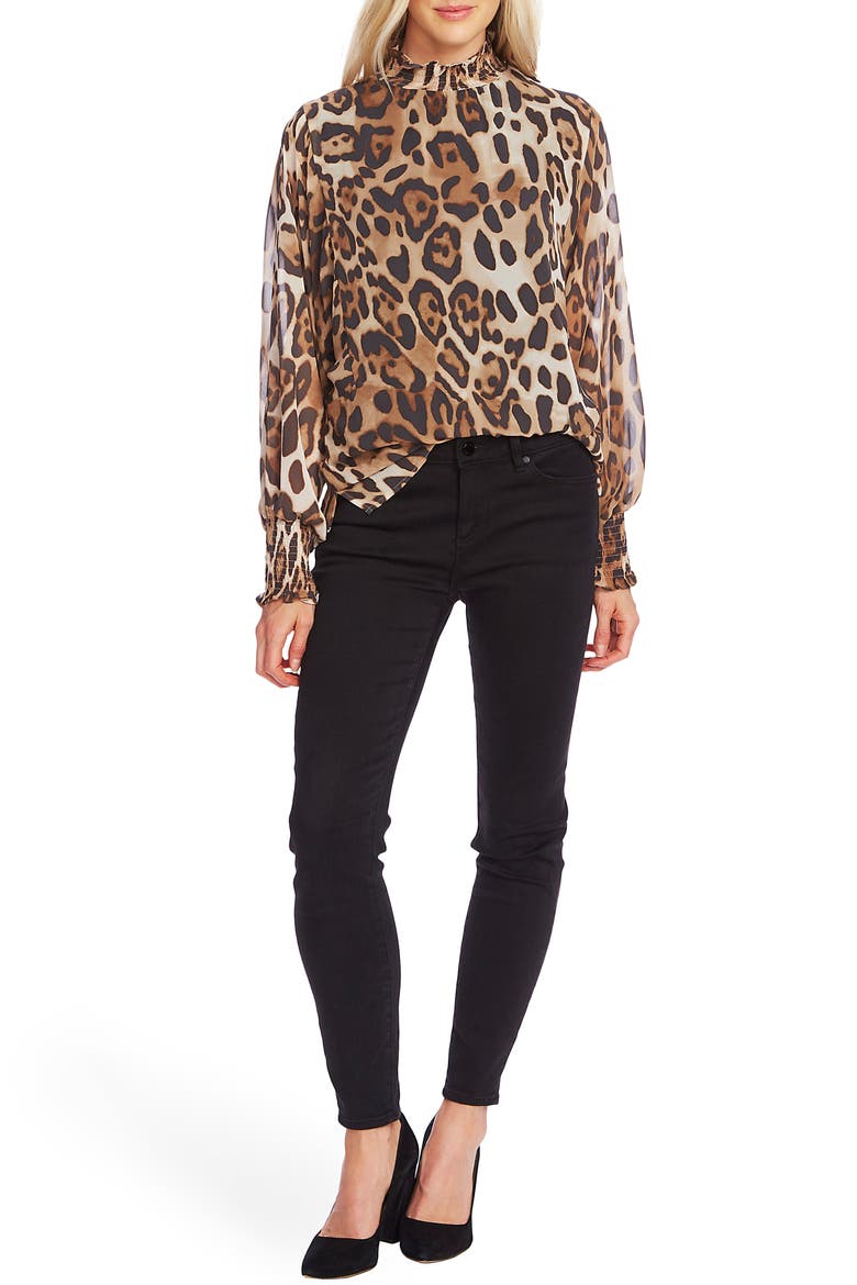Leopard Print High Neck Blouse, Alternate, color, RICH BLACK