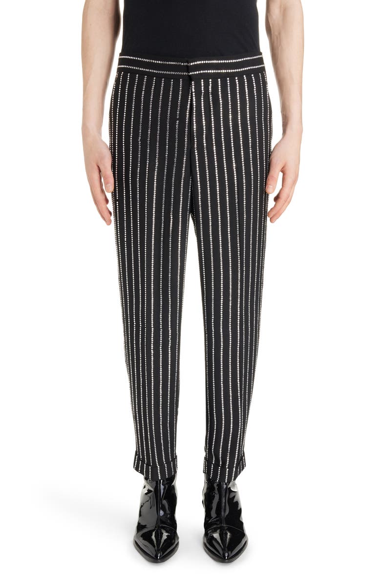 Balmain Crystal Stripe Straight Leg Crepe Dress Pants, Main, color, 