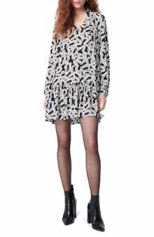 Akila Print Long Sleeve Drop Waist Crepe Dress