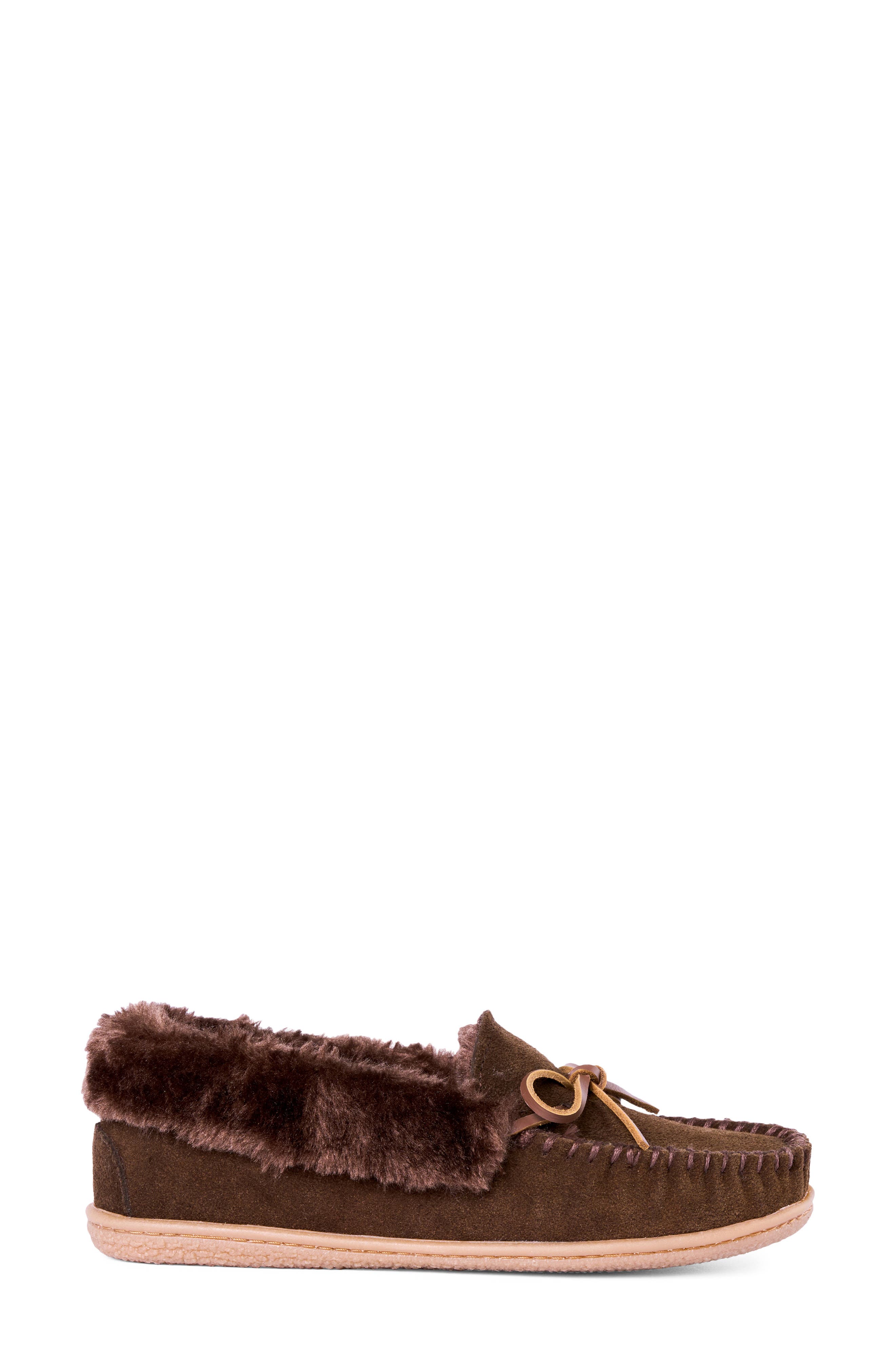 Camp Collar Faux Fur Suede Moccasin, Alternate, color, DARK CHOCOLATE
