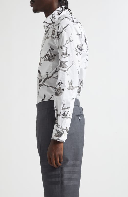 Thom Browne Bird Print Straight Fit Cotton Poplin Button-down Shirt In White