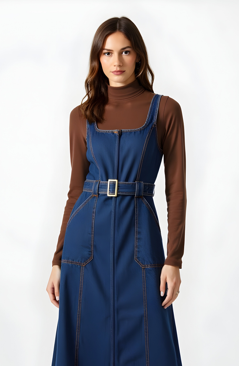 Modenaire Denim Midi Dress with Belt and Zip Front, Alternate, color, Blue