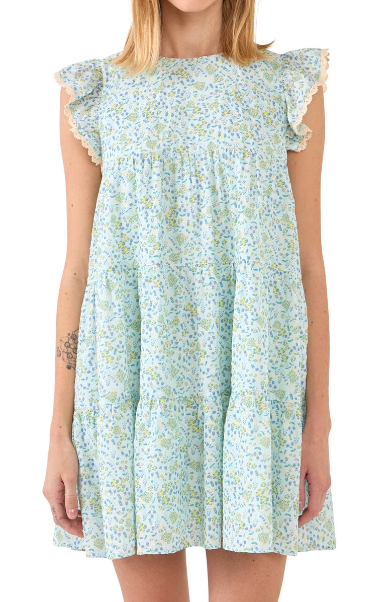 Free the Roses Floral Print Lace Minidress, Alternate, color, Blue Multi