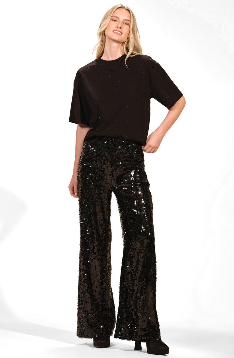 Isaac Mizrahi New York Rhinestone Stretch Cotton T-Shirt, Alternate, color, Black