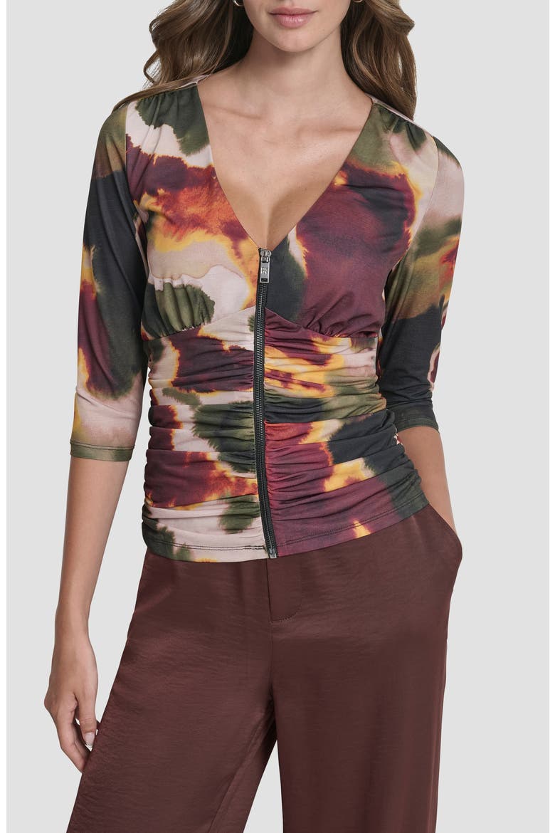 Ruched Knit Zip-Up Top, Main, color, INK DIFFUSION