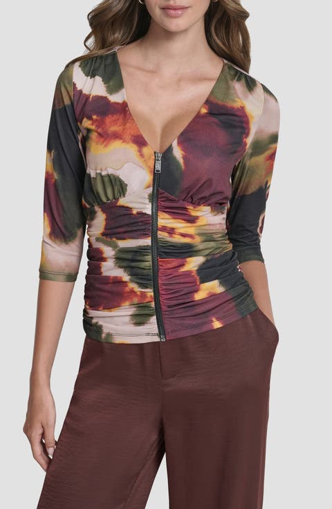 Ruched Knit Zip-Up Top