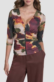 DKNY Ruched Knit Zip-Up Top