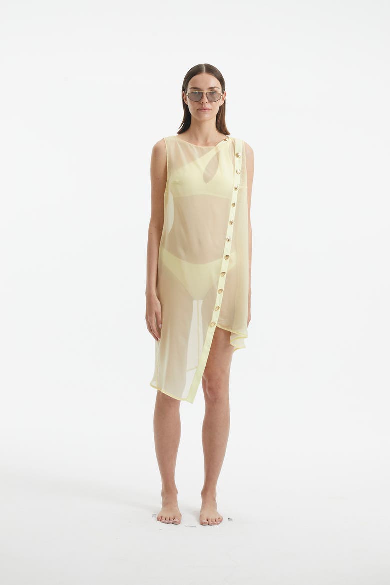 Adora Sheer Sleeveless Asymmetric Dress with Gold Button Detail, Alternate, color, Yellow