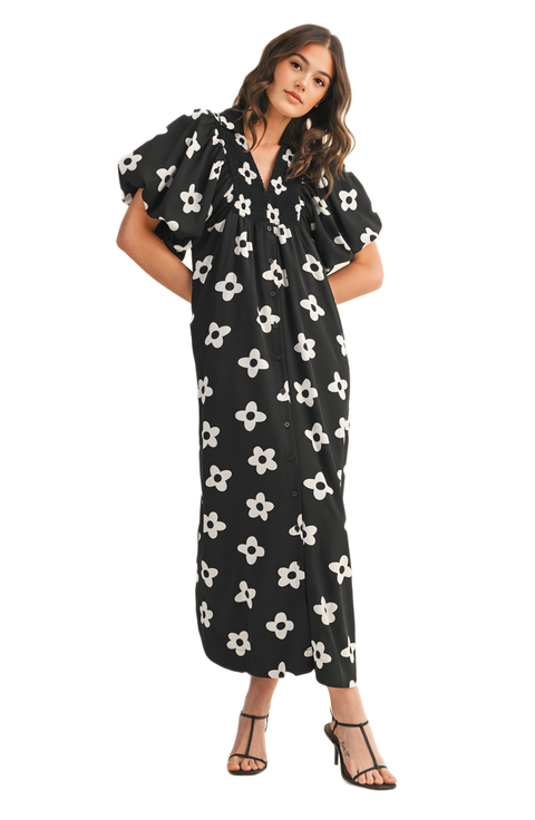 Puff Sleeve Bold Floral Maxi Dress