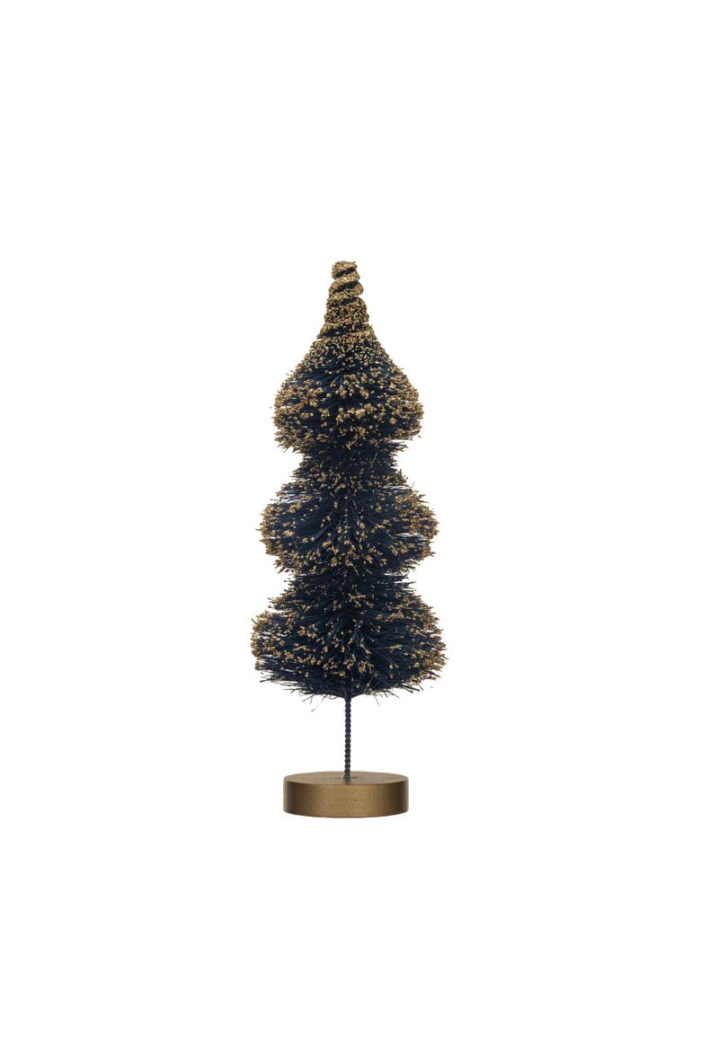 Sisal Bottle Brush Tree with Gold Glitter & Wood Base, Alternate, color, Gold & Blue
