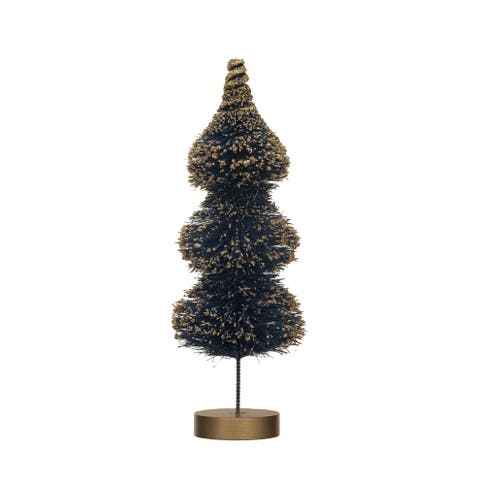 Sisal Bottle Brush Tree with Gold Glitter & Wood Base