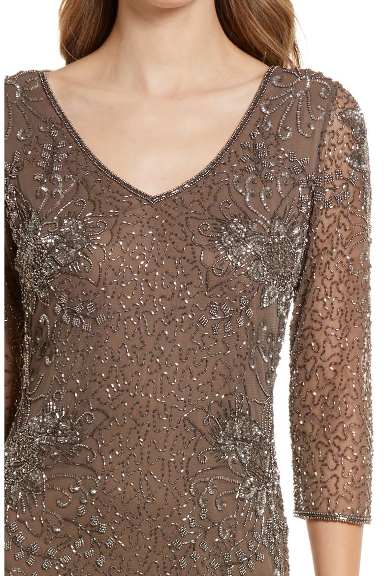 Beaded V-Neck Cocktail Dress, Alternate, color, MOCHA