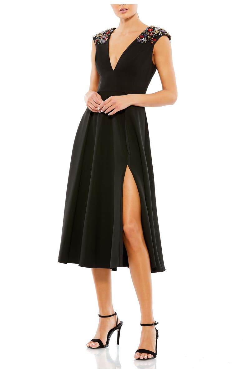 Mac Duggal Chic V Neck Floral Beaded Shoulder Midi Dress, Main, color, Black Multi