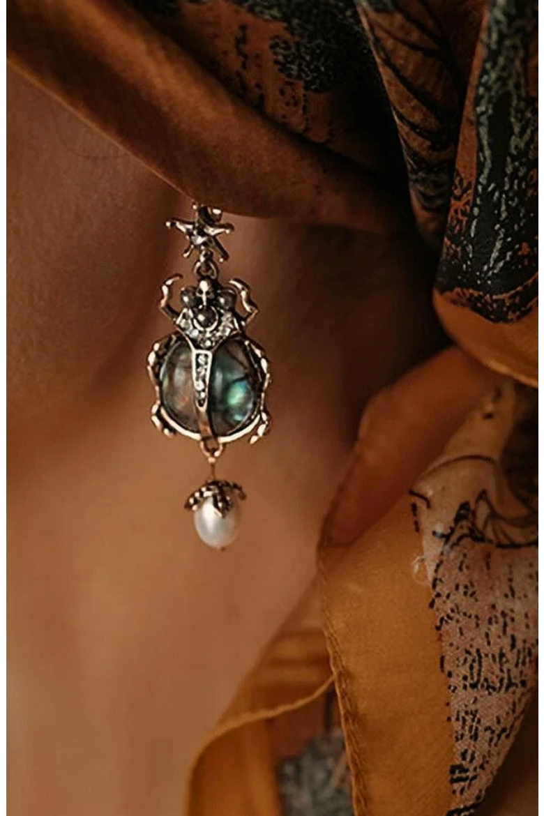 Vintage Scarab Pearl Earrings, Alternate, color, Burnished Gold