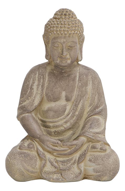 Beige Ceramic Meditating Buddha Sculpture with Engraved Carvings & Relief Detail