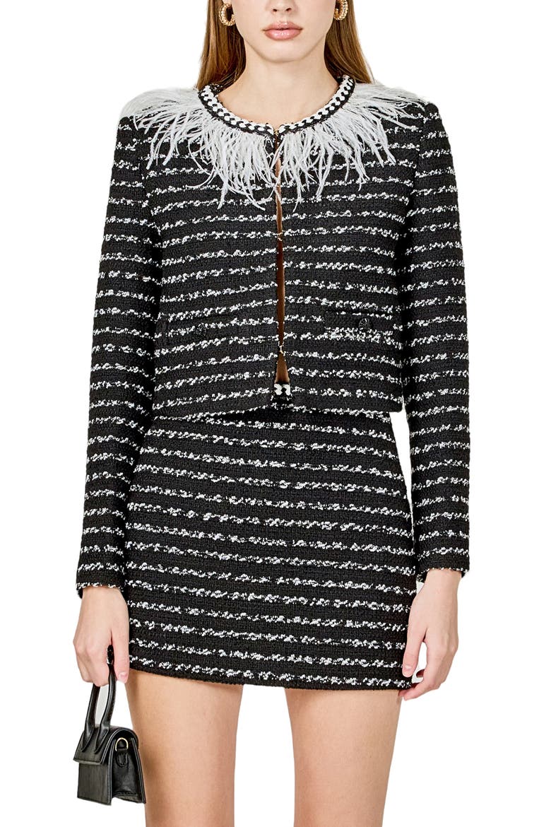 Feather Trim Tweed Jacket, Alternate, color, BLACK