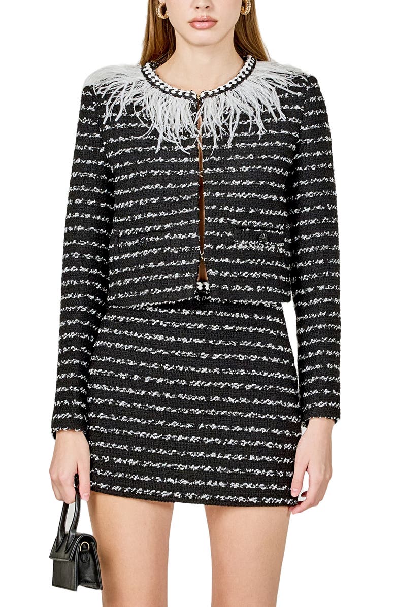 Endless Rose Feather Trim Tweed Jacket, Alternate, color, Black