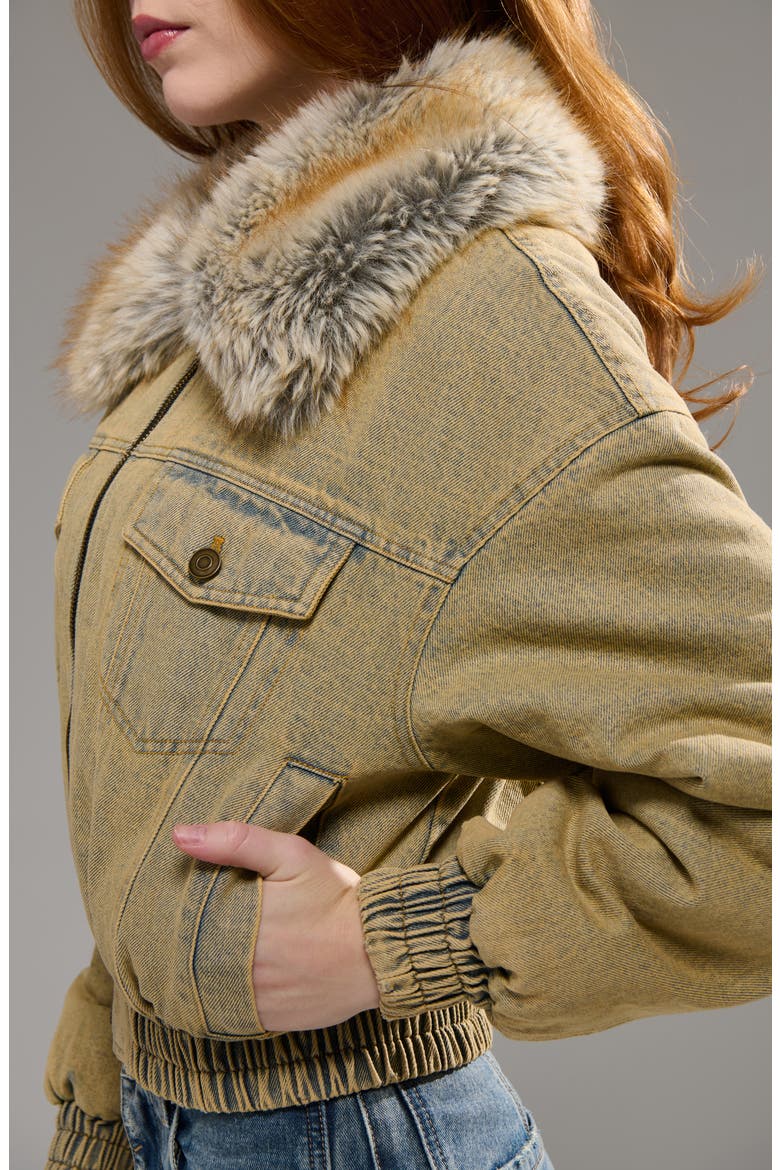 Evra Faux Fur Collar Denim Bomber Jacket, Alternate, color, DENIM