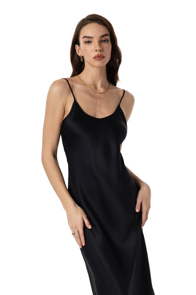 Mulberry Silk Spaghetti Strap Long Nightgown, Alternate, color, Black