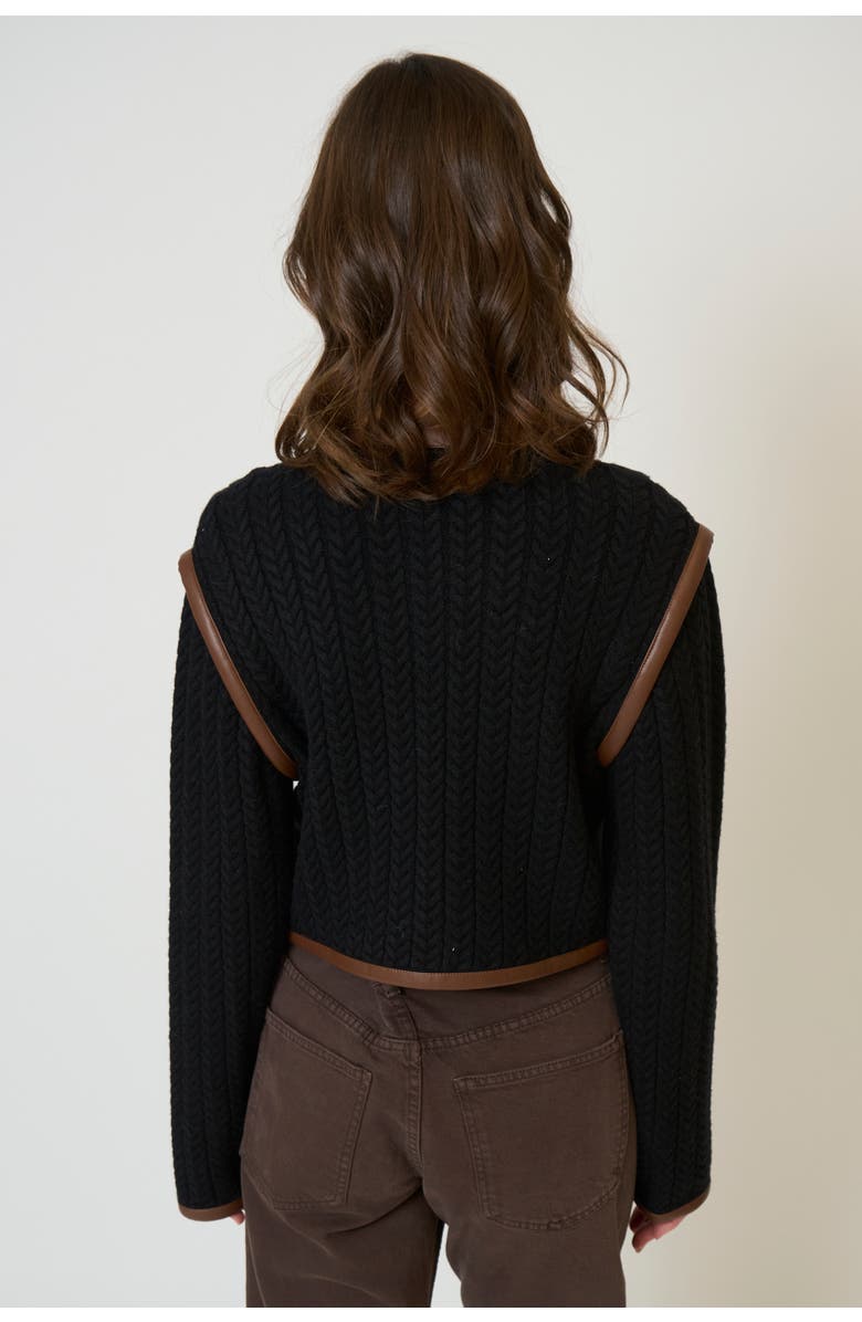 Central Park West Women's Atlas Leather Trim Cable Cardi, Alternate, color,