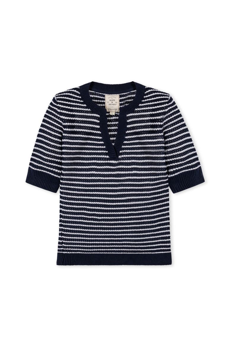 Organic V-Neck Short Sleeve Sweater, Alternate, color, Navy and White